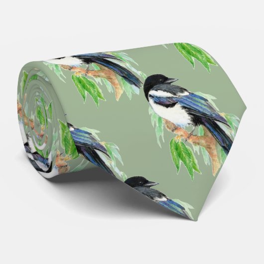 Magpie, Water color Bird Collection,自然 ネクタイ (ロール)