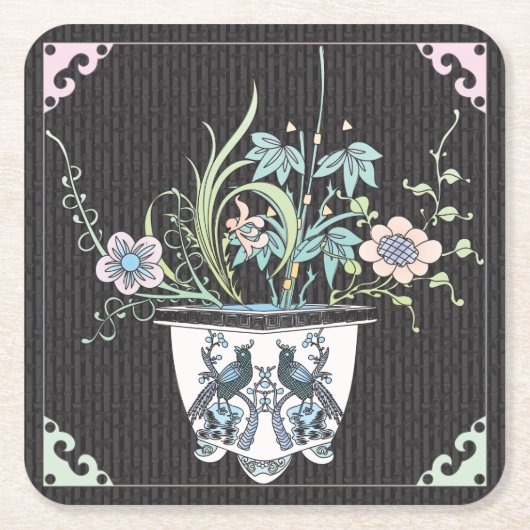 Mah Jong花/鳥コースター スクエアペーパーコースター (正面)