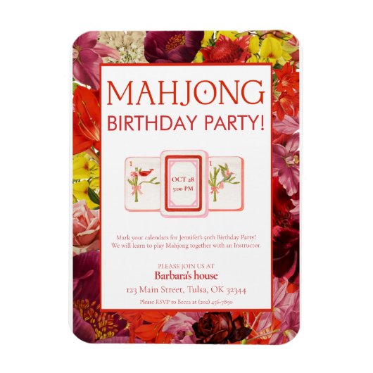 Mahjong Birthday Party Invitation, Floral マグネット (縦)