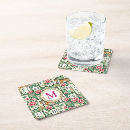 Mahjong Chinoiserie Floral Monogram Personalized  スクエアペーパーコースター (インサイチュ)