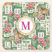 Mahjong Chinoiserie Floral Monogram Personalized  スクエアペーパーコースター (正面)
