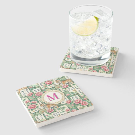 Mahjong Chinoiserie Floral Monogram Personalized ストーンコースター (横)