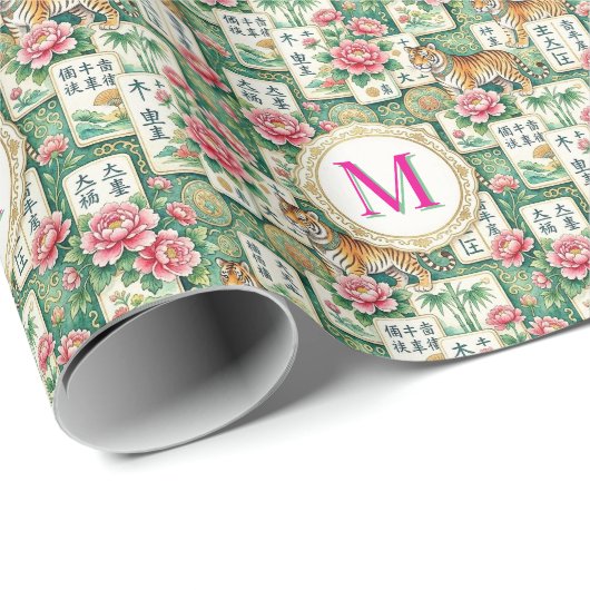 Mahjong Chinoiserie Floral Monogram Personalized ラッピングペーパー (ロールコーナー)