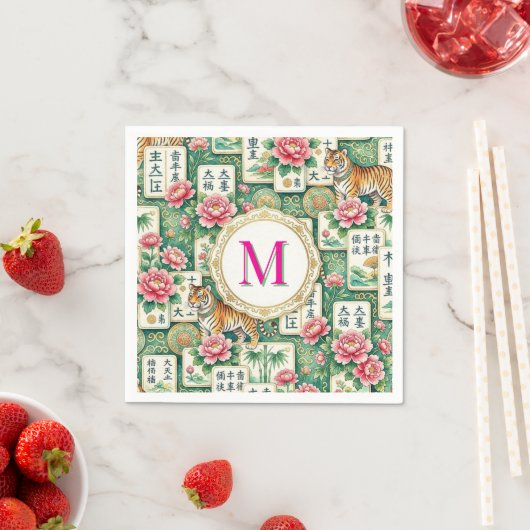 Mahjong Chinoiserie Tiger Monogram Personalized スタンダードカクテルナプキン (インサイチュ)