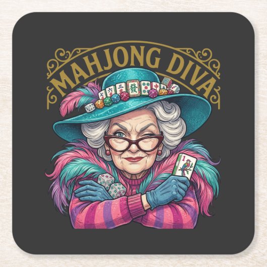 Mahjong Diva Funny Women's スクエアペーパーコースター (正面)