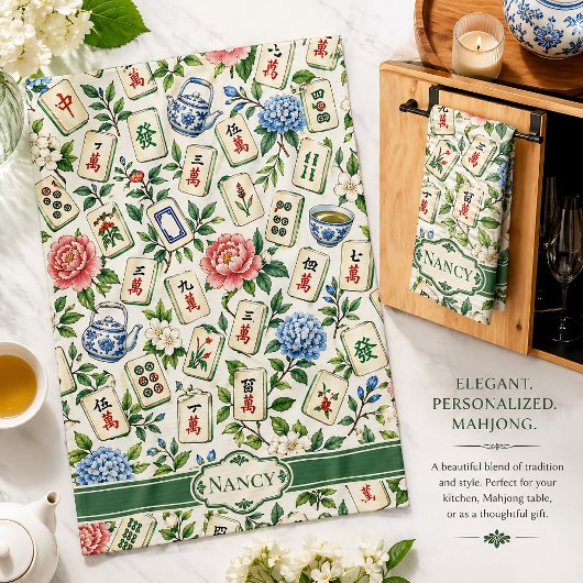 Mahjong Floral Tea Towel Personalized Hostess Gift キッチンタオル