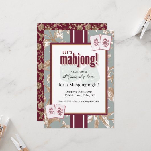 Mahjong Party Invitation, burgundy toile, tiles 招待状 (正面/裏面インサイチュ)