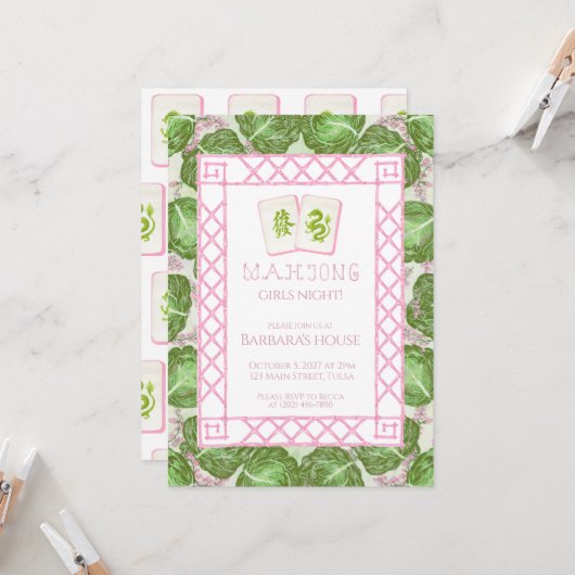Mahjong Party Invitation, Cabbage and Pink 招待状 (正面/裏面インサイチュ)