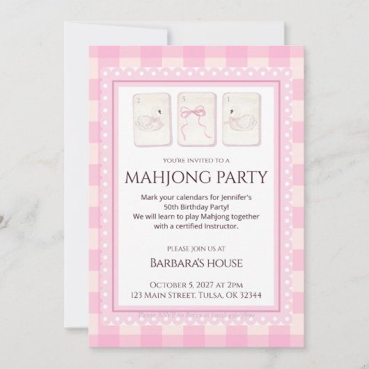 Mahjong Party Invitation, grandmillennial swans 招待状 (正面)