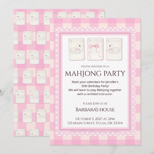 Mahjong Party Invitation, grandmillennial swans 招待状 (正面/裏面)