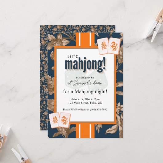 Mahjong Party Invitation, navy gold toile, tiles 招待状 (正面/裏面インサイチュ)