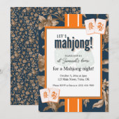 Mahjong Party Invitation, navy gold toile, tiles 招待状 (正面/裏面)