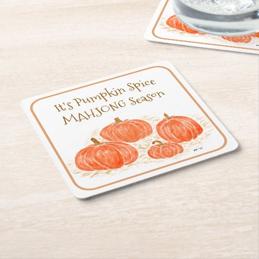 Mahjong Pumpkin Spice Season Watercolor Pumpkin スクエアペーパーコースター (アングル)