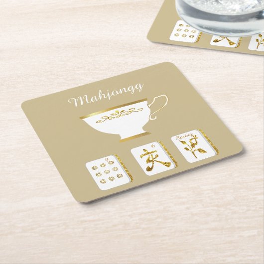 Mahjong Tiles and Teacup Paper Coaster スクエアペーパーコースター (アングル)
