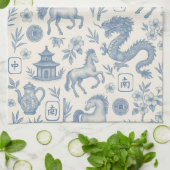 Mahjong Toile Kitchen Towel - Horses and Dragons キッチンタオル (折り畳み)