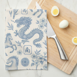 Mahjong Toile Kitchen Towel - Horses and Dragons キッチンタオル