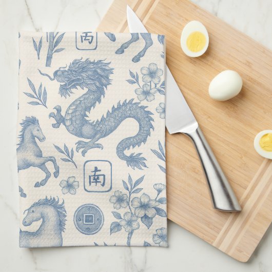 Mahjong Toile Kitchen Towel - Horses and Dragons キッチンタオル (四つ折り)
