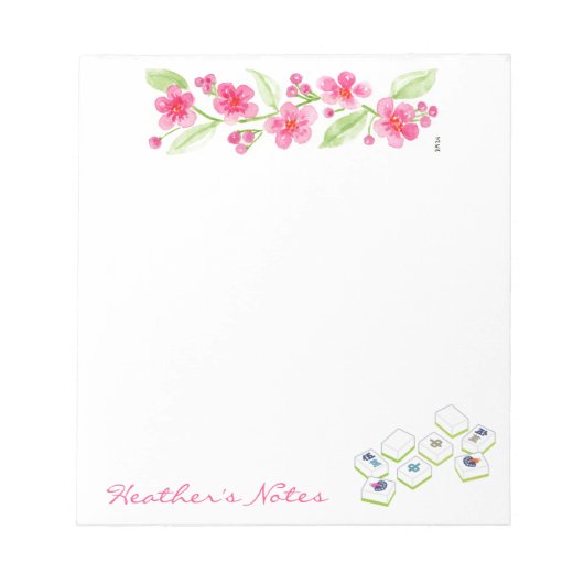 Mahjong Watercolor Flower Blossoms NAME ノートパッド (正面)