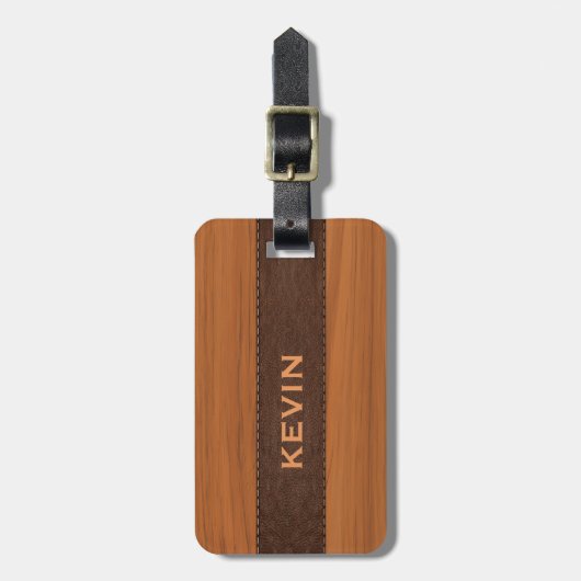 Mahogany Wood And Brown Leather Texture Monogram ラゲッジタグ (正面縦)