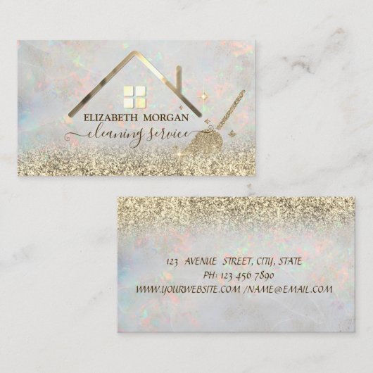 Maid Cleaning House Roof Gold Glitter Opal 名刺 (正面/裏面)