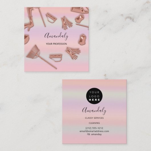 Maid House Cleaning Office Services Logo Rose Pink スクエア名刺 (正面/裏面)