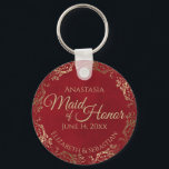Maid of Honor Wedding Gift Elegant Gold on Red キーホルダー<br><div class="desc">These keychains are designed to give as favors to the Maid of Honor in your wedding party. They feature a simple yet elegant design with a deep marbled crimson red colored background, gold text, and a lacy golden faux foil floral border. The text reads "Maid of Honor" with space for...</div>