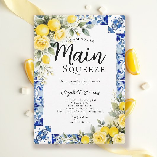 Main Squeeze レモン ブルー タイル フラワー ブライダル シャワー 招待状