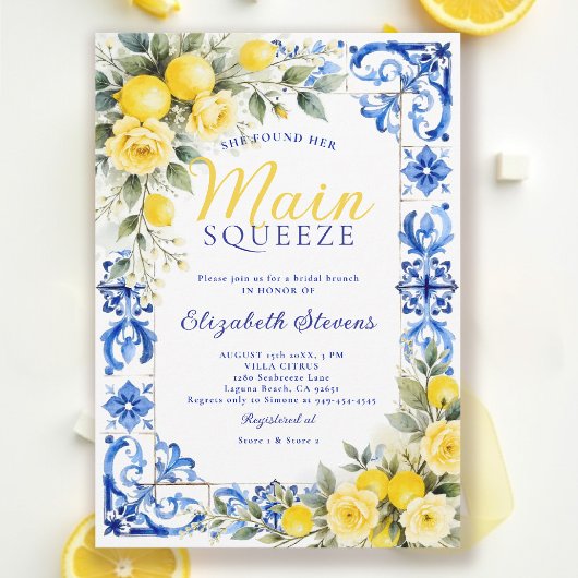 Main Squeeze Lemon Blue Tile Floral Bridal Shower  招待状