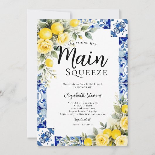 Main Squeeze Lemon Blue Tile Floral Bridal Shower  招待状 (正面)