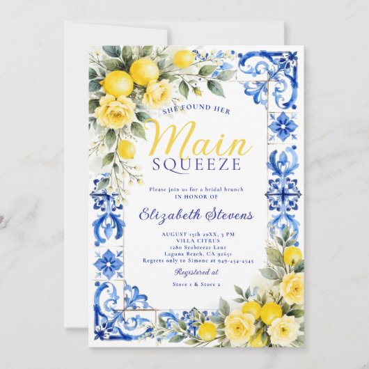 Main Squeeze Lemon Blue Tile Floral Bridal Shower 招待状 (正面)