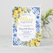 Main Squeeze Lemon Blue Tile Floral Bridal Shower  招待状 (スタンド正面)
