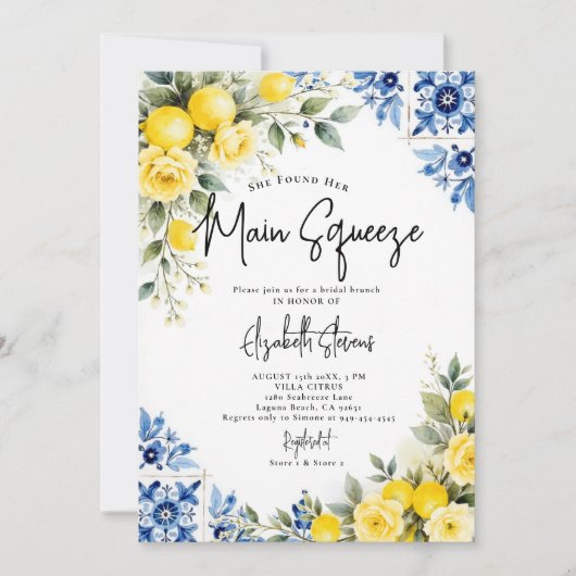 Main Squeeze Lemon Blue Tile Rose 2 Bridal Shower 招待状 (正面)