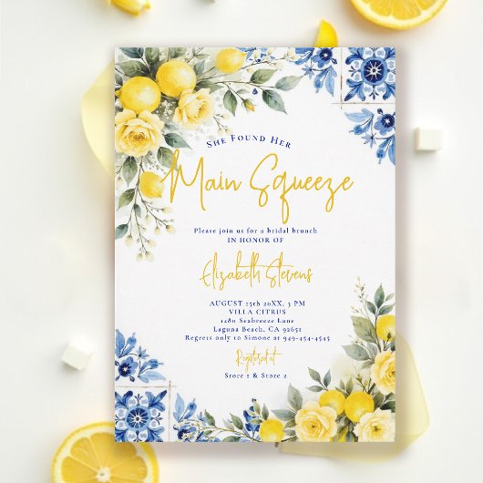 Main Squeeze Lemon Blue Tiles Roses Bridal Shower  招待状