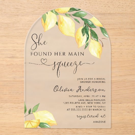 Main Squeeze Lemon Citrus Bridal Shower アクリル招待状 (正面)