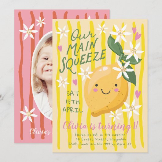 Main Squeeze Lemon First Birthday 招待状 (正面/裏面)