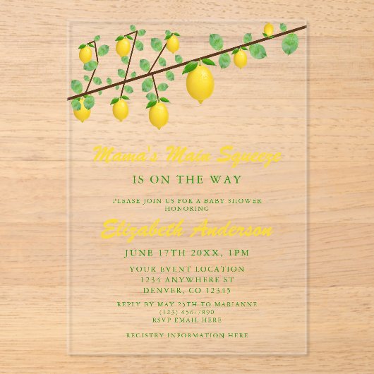Main Squeeze Lemon Gender Neutral Baby Shower アクリル招待状 (正面)