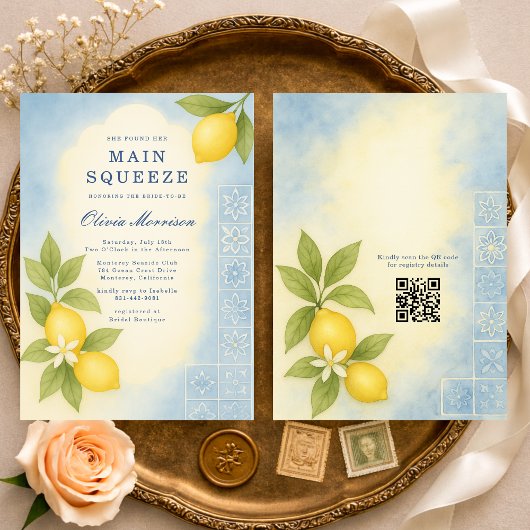 Main Squeeze Lemon QR Code Bridal Shower 招待状