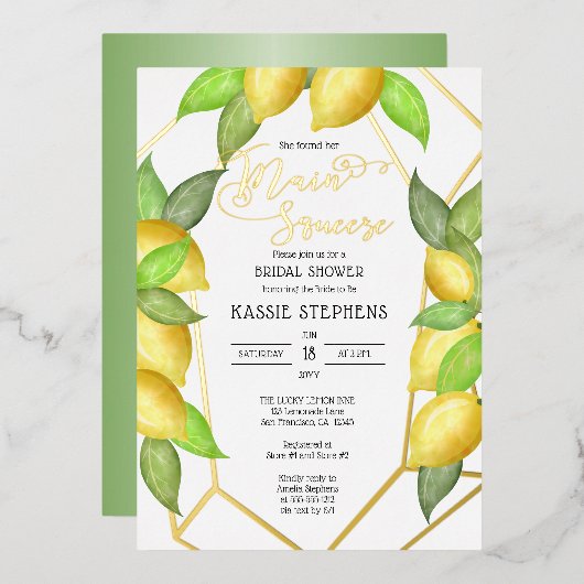 Main Squeeze Lemons Geometric Bridal Shower -ゴールド 箔招待状 (正面/裏面)