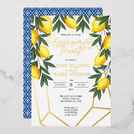 Main Squeeze Lemons Italian Engagement Party Gold 箔招待状 (正面/裏面)