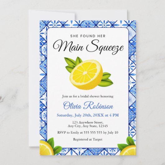 Main Squeeze Mediterranean Photo Bridal Shower 招待状 (正面)