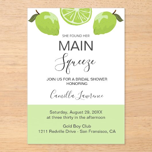 Main Squeeze Tropical Citrus Green Bridal Shower アクリル招待状 (正面)