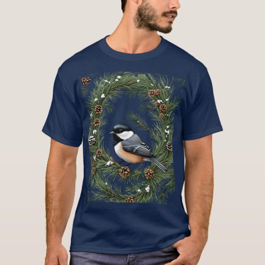 Maine Black Capped Chickadee With Pine Pattern Tシャツ (正面)