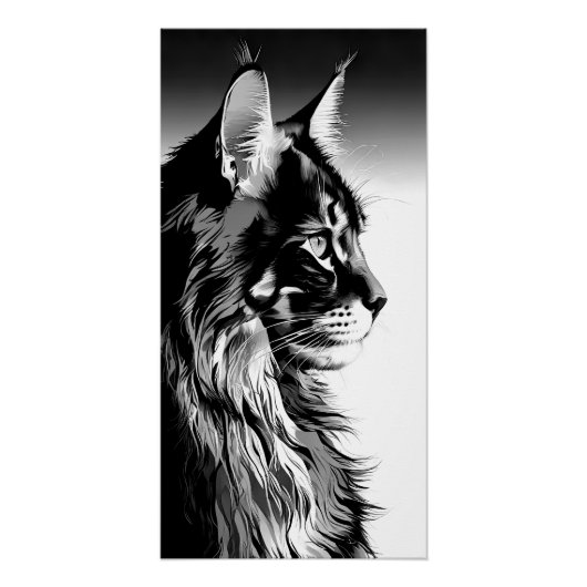 Maine Coon Art Print: Black & White Cat Portrait ポスター (正面)