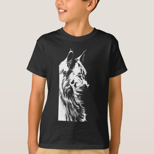 Maine Coon Boy's Black T-Shirt Kids' Cat Print Tシャツ (正面)