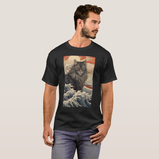 Maine Coon Cat Aesthetic Japanese Ukiyo e 2 Tシャツ (正面フル)