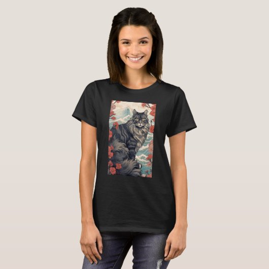 Maine Coon Cat Aesthetic Japanese Ukiyo e 5 Tシャツ (正面フル)