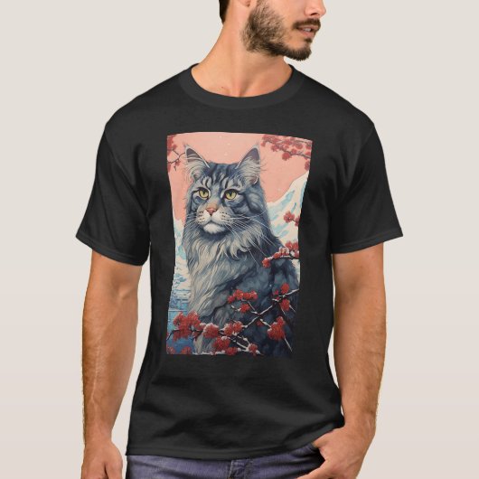 Maine Coon Cat Aesthetic Japanese Ukiyo e Art Tシャツ (正面)