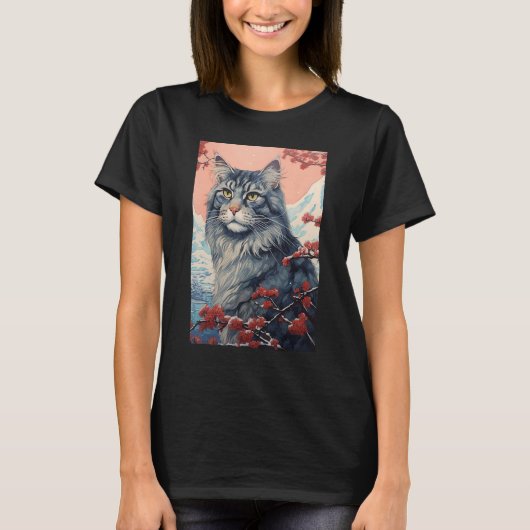 Maine Coon Cat Aesthetic Japanese Ukiyo e Art Tシャツ (正面)
