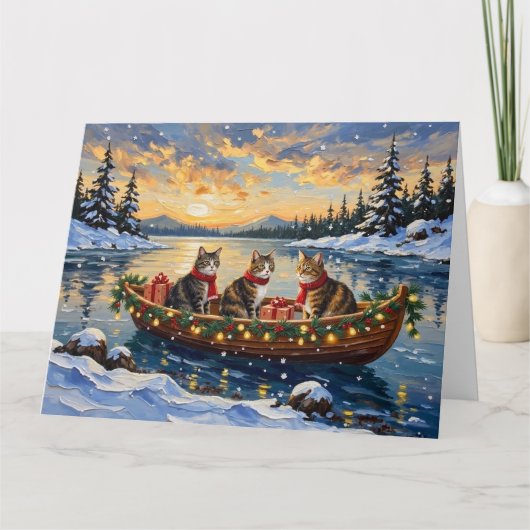 Maine Coon Cat Christmas Boat Holiday カード (正面)