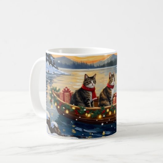 Maine Coon Cat Christmas Boat Holiday コーヒーマグカップ (正面左)